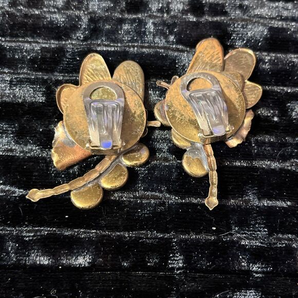 VTG Made In Italy Mixed Metal Brass Copper Rhinestone Butterfly Clip On Earrings - Picture 8 of 14